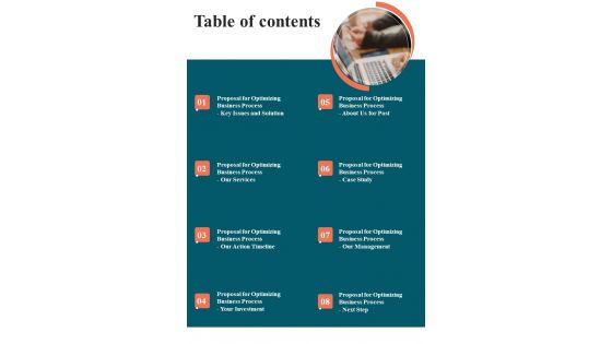 Table Of Contents Proposal For Optimizing Business Process One Pager Sample Example Document Table Of Contents Proposal For Optimizing Business Process One Pager Sample Example Document
