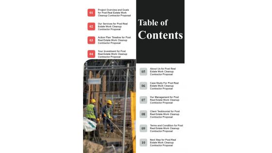 Table Of Contents Proposal For Post Construction Cleanup Contractor One Pager Sample Example Document
