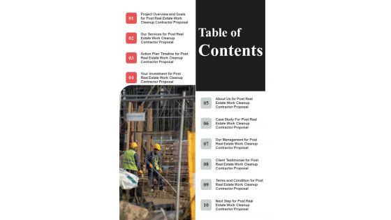 Table Of Contents Proposal For Post Construction Cleanup Contractor One Pager Sample Example Document Table Of Contents Proposal For Post Construction Cleanup Contractor One Pager Sample Example Document