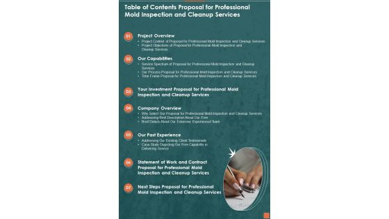 Table Of Contents Proposal For Professional Mold Inspection And Cleanup Services One Pager Sample Example Document Table Of Contents Proposal For Professional Mold Inspection And Cleanup Services One Pager Sample Example Document