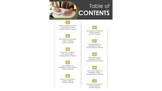 Table Of Contents Proposal For Refurbishment Cleanup One Pager Sample Example Document Table Of Contents Proposal For Refurbishment Cleanup One Pager Sample Example Document
