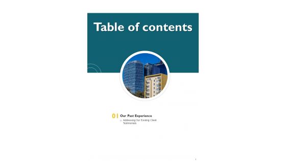Table Of Contents Proposal For Renting Office Building One Pager Sample Example Document Table Of Contents Proposal For Renting Office Building One Pager Sample Example Document