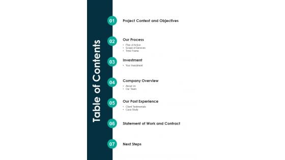 Table Of Contents Proposal For Scientific Conference One Pager Sample Example Document