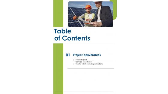 Table Of Contents Proposal For Solar Energy System Sales And Setup One Pager Sample Example Document Table Of Contents Proposal For Solar Energy System Sales And Setup One Pager Sample Example Document