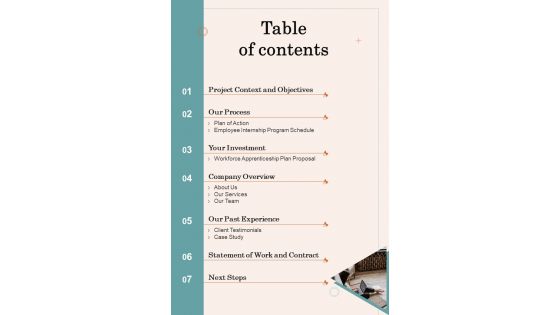 Table Of Contents Proposal For Staff Apprenticeship Program One Pager Sample Example Document Table Of Contents Proposal For Staff Apprenticeship Program One Pager Sample Example Document