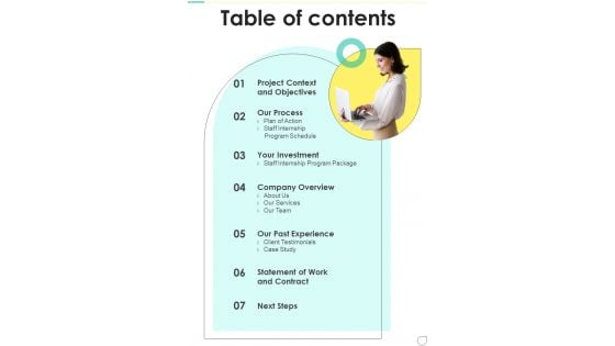 Table Of Contents Proposal For Staff Internship Program One Pager Sample Example Document Table Of Contents Proposal For Staff Internship Program One Pager Sample Example Document
