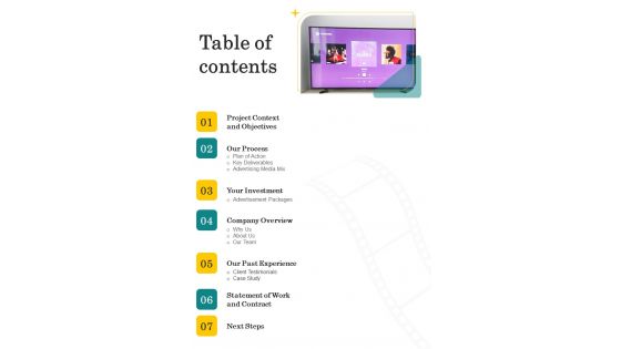 Table Of Contents Proposal For Television Advertisement Services One Pager Sample Example Document Table Of Contents Proposal For Television Advertisement Services One Pager Sample Example Document