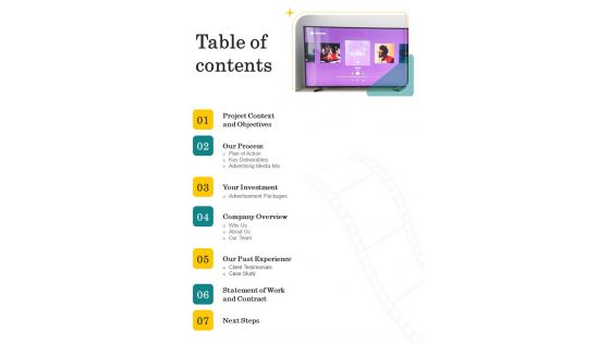 Table Of Contents Proposal For Television Advertisement Services One Pager Sample Example Document