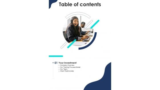 Table Of Contents Proposal For Training Call Center Executives One Pager Sample Example Document Table Of Contents Proposal For Training Call Center Executives One Pager Sample Example Document