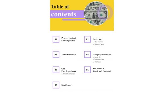 Table Of Contents Proposal For Wealth Tax Contractual Services One Pager Sample Example Document Table Of Contents Proposal For Wealth Tax Contractual Services One Pager Sample Example Document