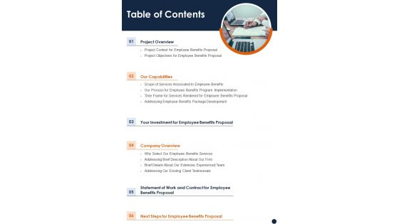 Table Of Contents Proposal For Workforce Benefits One Pager Sample Example Document