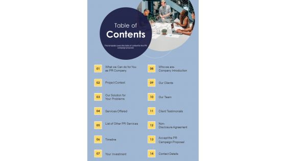 Table Of Contents Proposal Public Relations Promotional Services One Pager Sample Example Document Table Of Contents Proposal Public Relations Promotional Services One Pager Sample Example Document