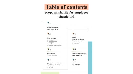Table Of Contents Proposal Shuttle For Employee Shuttle Bid One Pager Sample Example Document Table Of Contents Proposal Shuttle For Employee Shuttle Bid One Pager Sample Example Document