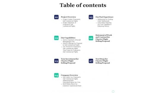 Table Of Contents Proposal To Sell Commercial Flights One Pager Sample Example Document Table Of Contents Proposal To Sell Commercial Flights One Pager Sample Example Document