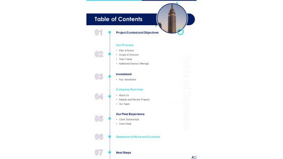 Table Of Contents Proposal To Setting Up Production Factory One Pager Sample Example Document