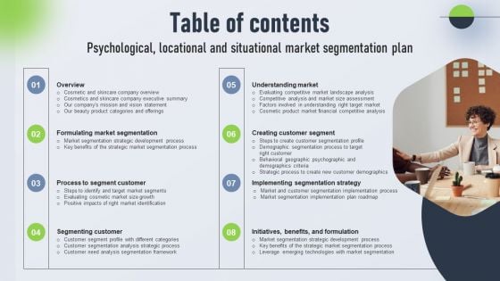 Table Of Contents Psychological Locational And Situational Market Segmentation Plan Background PDF