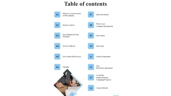 Table Of Contents Public Relation Marketing Strategy Proposal One Pager Sample Example Document