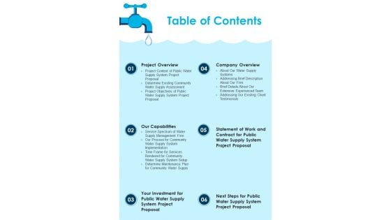 Table Of Contents Public Water Supply System Project Proposal One Pager Sample Example Document Table Of Contents Public Water Supply System Project Proposal One Pager Sample Example Document
