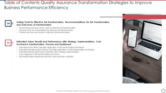 Table Of Contents Quality Assurance Transformation Strategies To Improve Business Performance Efficiency Formats PDF