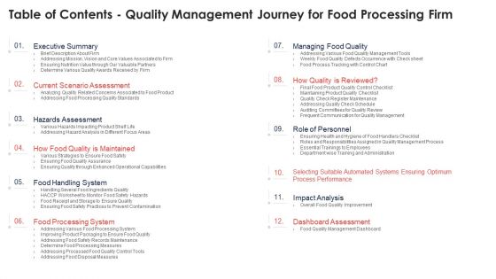 Table Of Contents Quality Management Journey For Food Processing Firm Professional PDF