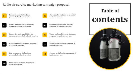 Table Of Contents Radio Air Service Marketing Campaign Proposal Elements PDF Table Of Contents Radio Air Service Marketing Campaign Proposal Elements PDF