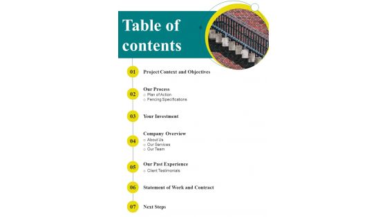 Table Of Contents Railing Fitting Offerings Proposal One Pager Sample Example Document Table Of Contents Railing Fitting Offerings Proposal One Pager Sample Example Document