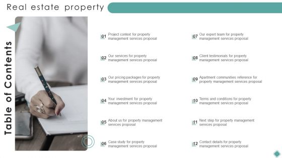 Table Of Contents Real Estate Property Management Proposal Ppt Infographic Template Design Inspiration PDF