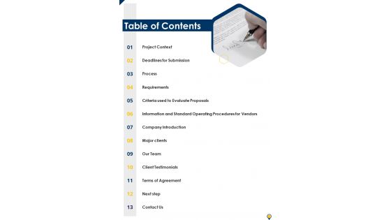 Table Of Contents Recreational Event Proposal One Pager Sample Example Document