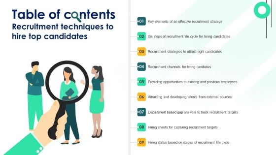 Table Of Contents Recruitment Techniques To Hire Top Candidates Background PDF