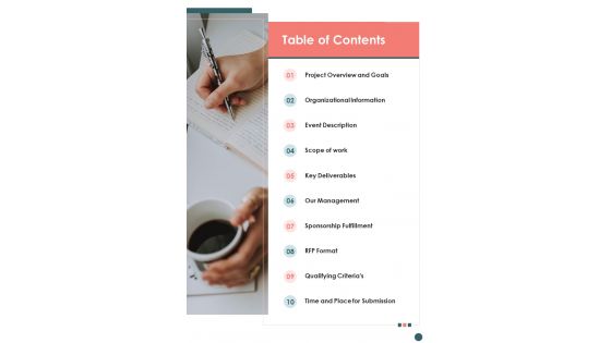 Table Of Contents Request For Proposal Event Planning And Organizing One Pager Sample Example Document