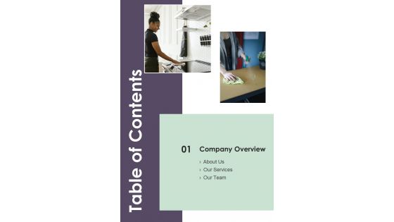 Table Of Contents Residential House Cleaning Services Proposal One Pager Sample Example Document