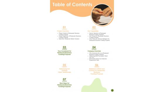 Table Of Contents Restaurant Business Funding Proposal One Pager Sample Example Document Table Of Contents Restaurant Business Funding Proposal One Pager Sample Example Document