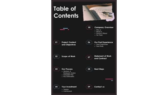 Table Of Contents Restaurant Point Of Sale Proposal One Pager Sample Example Document