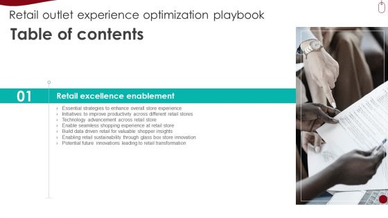 Table Of Contents Retail Outlet Experience Optimization Playbook Data Slides PDF Table Of Contents Retail Outlet Experience Optimization Playbook Data Slides PDF