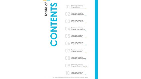 Table Of Contents Retail Sales Advisory Proposal One Pager Sample Example Document Table Of Contents Retail Sales Advisory Proposal One Pager Sample Example Document