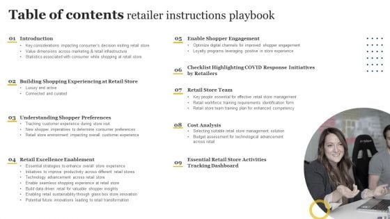Table Of Contents Retailer Instructions Playbook Inspiration PDF