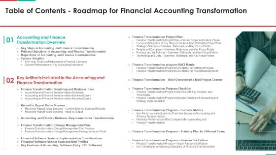 Table Of Contents Roadmap For Financial Accounting Transformation Structure PDF