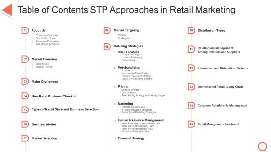 Table Of Contents STP Approaches In Retail Marketing Ppt Portfolio Visuals PDF