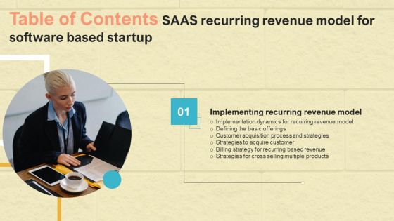 Table Of Contents Saas Recurring Revenue Model For Software Based Startup Slides PDF