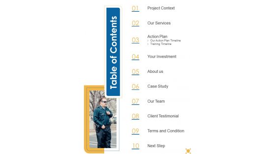 Table Of Contents Safety And Security System Services Proposal One Pager Sample Example Document Table Of Contents Safety And Security System Services Proposal One Pager Sample Example Document