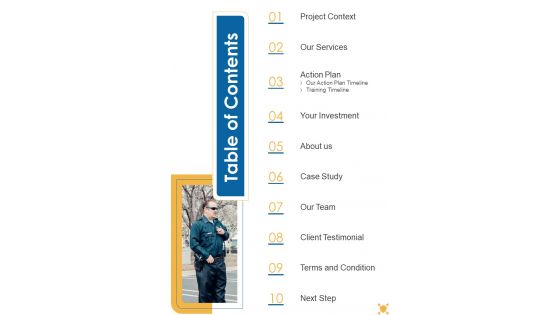 Table Of Contents Safety And Security System Services Proposal One Pager Sample Example Document