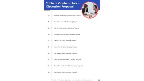 Table Of Contents Sales Discussion Proposal One Pager Sample Example Document