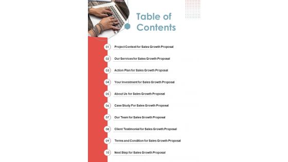 Table Of Contents Sales Growth Proposal One Pager Sample Example Document Table Of Contents Sales Growth Proposal One Pager Sample Example Document
