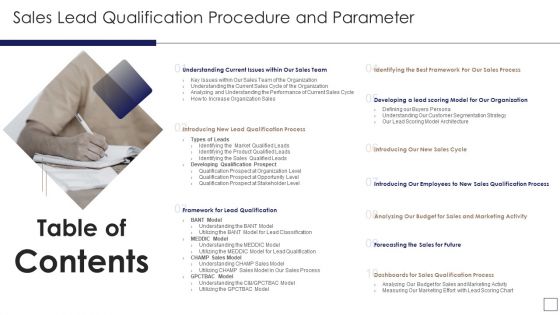 Table Of Contents Sales Lead Qualification Procedure And Parameter Themes PDF Table Of Contents Sales Lead Qualification Procedure And Parameter Themes PDF