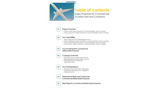 Table Of Contents Sales Proposal For Commercial Aviation Service Company One Pager Sample Example Document Table Of Contents Sales Proposal For Commercial Aviation Service Company One Pager Sample Example Document