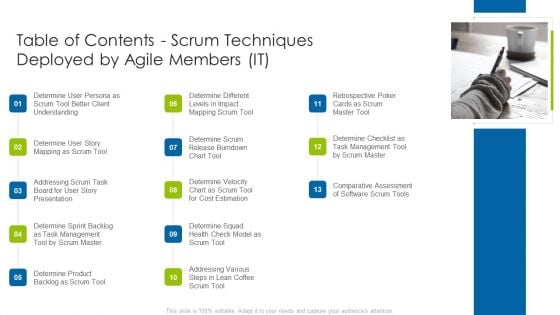 Table Of Contents Scrum Techniques Deployed By Agile Members It Inspiration PDF Table Of Contents Scrum Techniques Deployed By Agile Members It Inspiration PDF