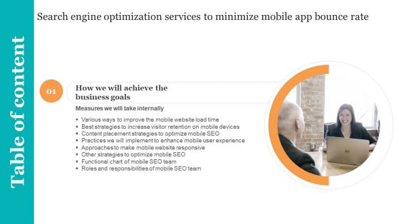 Table Of Contents Search Engine Optimization Services To Minimize Mobile App Bounce Rate Slide Sample PDF