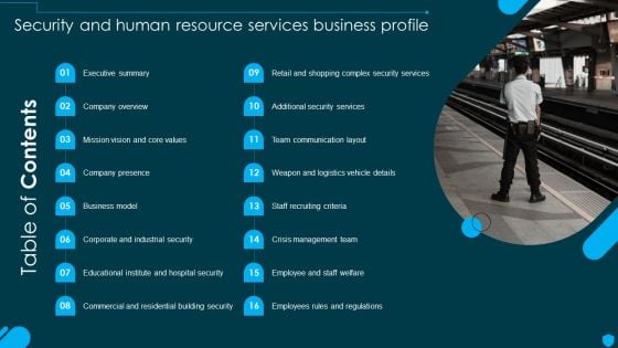 Table Of Contents Security And Human Resource Services Business Profile Slides PDF