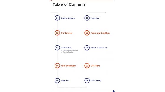 Table Of Contents Security And Safety System Proposal One Pager Sample Example Document Table Of Contents Security And Safety System Proposal One Pager Sample Example Document