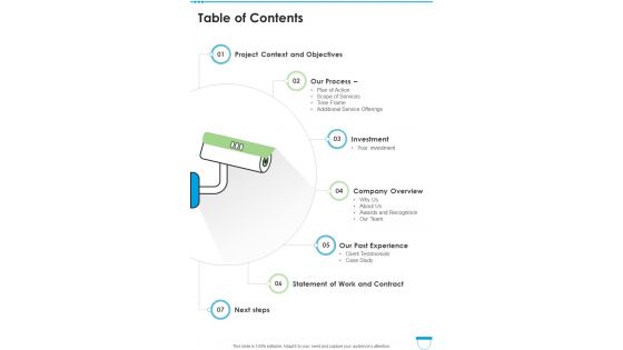 Table Of Contents Security Camera Services Proposal Template One Pager Sample Example Document